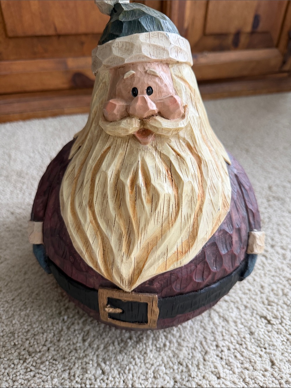Hand-Painted Wood Santa Figurine - Cream Beard, Burgundy Coat